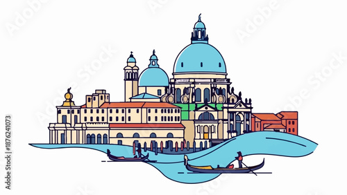 Stylized Italian canal cityscape with domes and gondolas