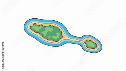 Stylized island formation with green landmass, sandy shores, and layered blue water