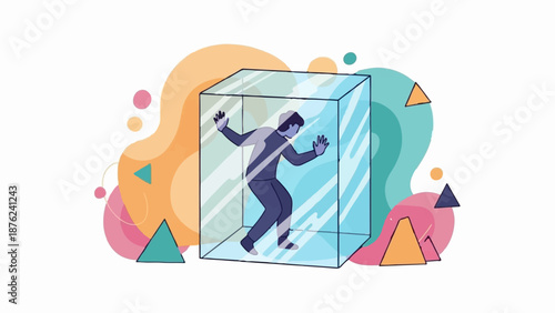 Trapped in a transparent box amidst abstract shapes and triangles