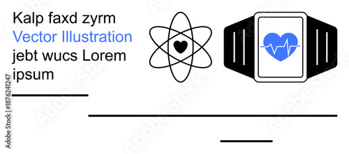 Health monitoring, technology integration, wearable tech, medical advancements, digital health, heart health. A smartwatch with a heart icon and atom symbol. Health monitoring and technology