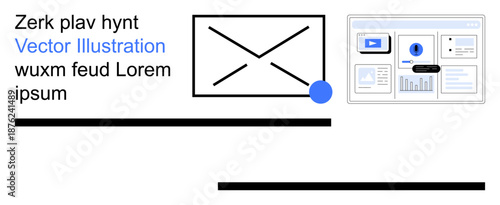 Email communication, data analysis, workflow management, user interface design, digital services, dashboard visualization. Minimalist email icon and analytic dashboard. Email communication and data