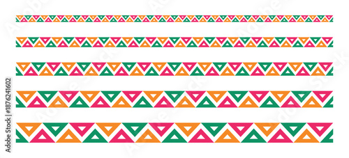 Mexican pattern line border. African ethnic motif border. Aztec triangular ornament line stripe. Mexican or African ethnic culture ornament. Vector illustration isolated on white background.