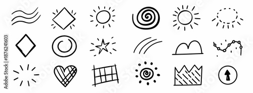 Hand drawn sun and heart icons set in black