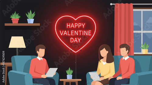 Three people relax on sofas in a dimly lit room adorned with a glowing red heart neon sign