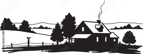 Serene countryside home with rolling hills and trees silhouette