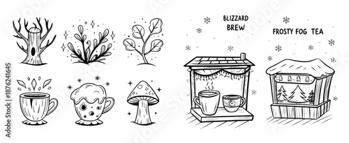 Whimsical winter tea illustrations with cozy mug and snow