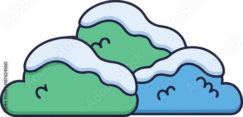Stylized, rounded shapes in green and blue, topped with white snow