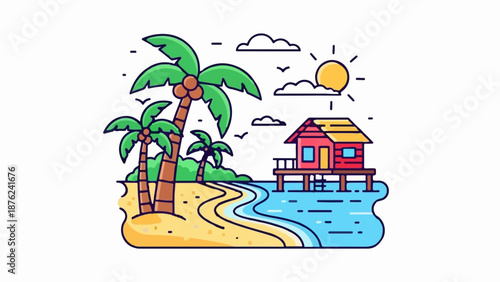 Tropical island scene with palm trees, a sandy beach, and a stilted house over the ocean