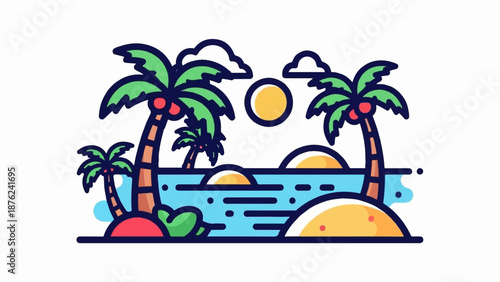 Wallpaper Mural Tropical island with palm trees, ocean, sun, and clouds Torontodigital.ca