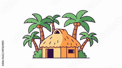 Tropical thatched hut surrounded by lush palm trees under a clear sky
