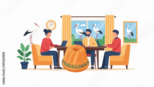 Three people work on laptops in a room with storks and a bundt cake