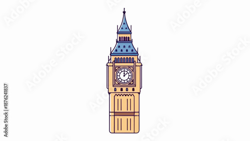 Stylized, simplified depiction of a famous clock tower with yellow and blue coloring