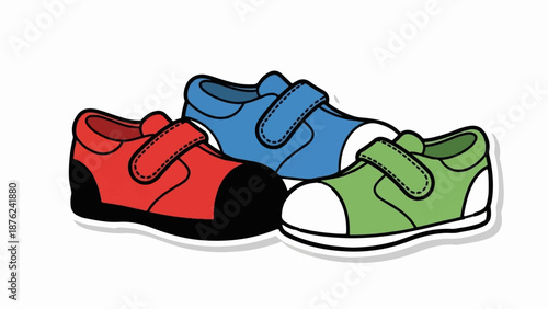 Three cartoon-style children's shoes in red, blue, and green with velcro straps