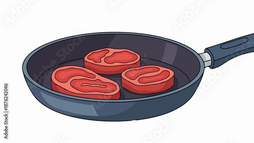 Three raw steaks cooking in a frying pan
