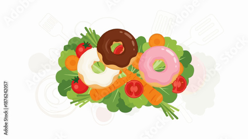 Three colorful donuts, tomatoes, carrots, and leafy greens arranged artfully on a white background