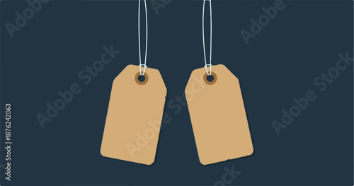 Two blank brown paper tags hang from white strings against a dark blue background