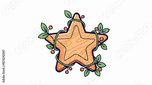 Stylized wooden star adorned with green vines and orange berries