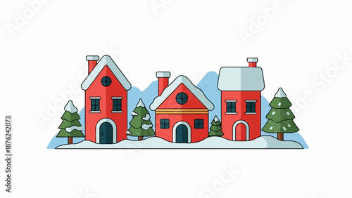 Three red houses with snow-covered roofs and trees stand against a winter backdrop