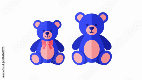 Two blue teddy bears with pink accents sit facing forward