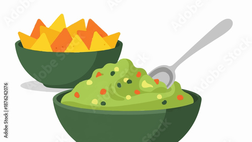 Two bowls of dip, one with chips, the other with guacamole and a spoon