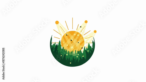 Stylized sunbeams shine over a dark green forest scene with small lights