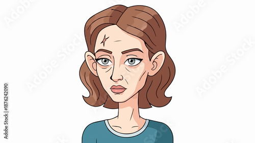 Stylized portrait of a woman with brown hair and a star mark on her forehead