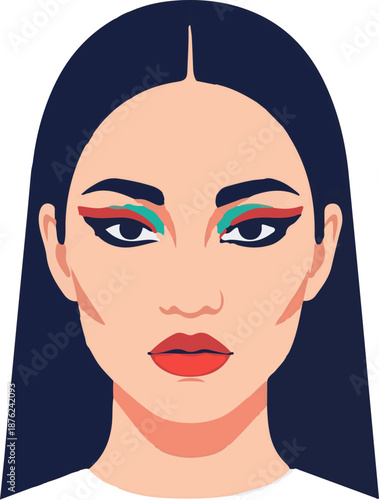 Stylized portrait of a woman with bold eye makeup and dark hair