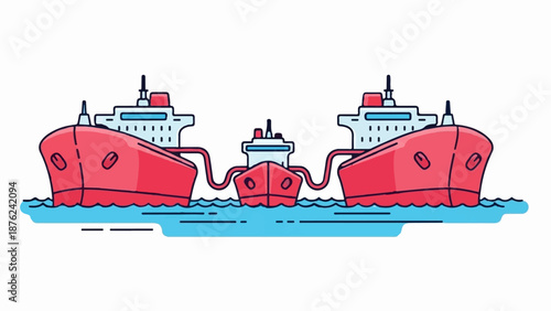 Three red ships, two large and one small, connected by pipes at sea