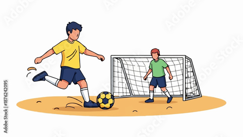 Two boys playing soccer, one kicking a ball towards a goal guarded by the other