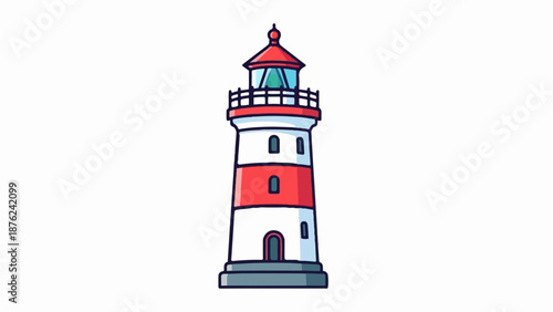 Stylized striped lighthouse with observation deck and conical roof