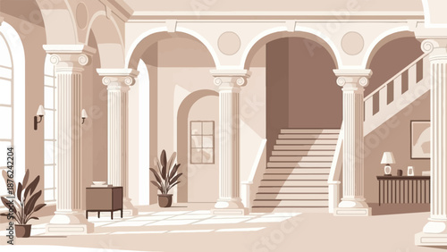 Sunlight streams into a classical interior with grand columns and a staircase