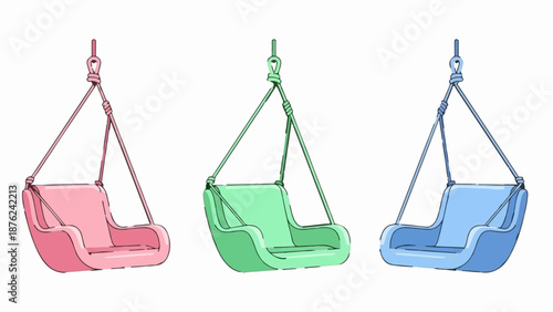 Three colorful, suspended swings for children pink, green, and blue, hanging on white background