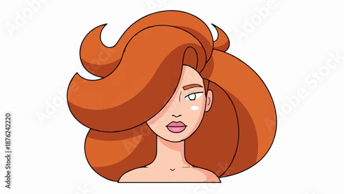 Stylized portrait of a person with voluminous, fiery red hair and striking facial features