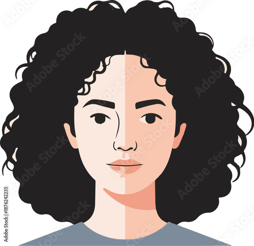 Stylized portrait of a person with dark curly hair and a neutral expression