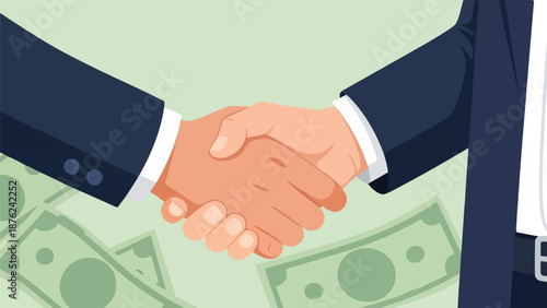 Two businessmen shake hands over a pile of cash