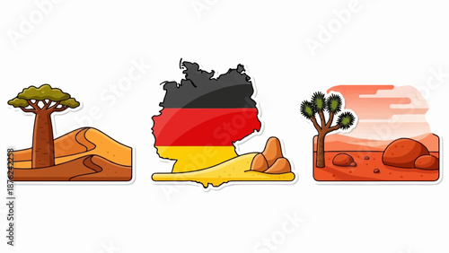 Three distinct arid landscape stickers baobab tree, country map with flag, and desert flora