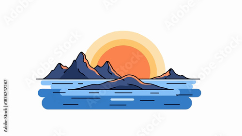 Stylized sunset over dark, rocky islands in a blue ocean