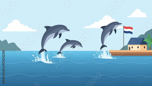Three dolphins leap from the ocean near a small island with a house and flag