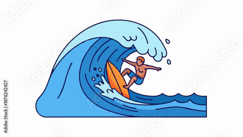 Surfer riding a giant wave on an orange surfboard