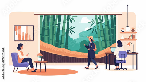 Three individuals engage in activities indoors with a tranquil bamboo forest vista outside