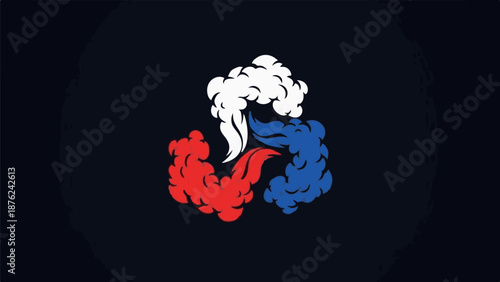Swirling red, white, and blue smoke forms a dynamic circular emblem