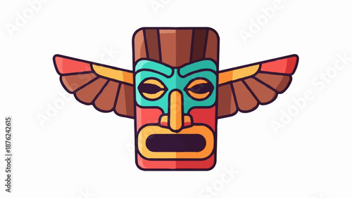 Stylized tribal mask with avian wings, vibrant colors, geometric