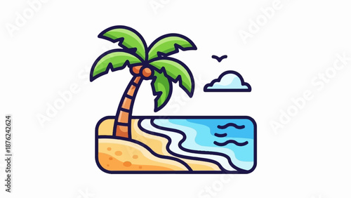 Stylized tropical beach scene with a palm tree, sand, ocean waves, a bird, and a cloud