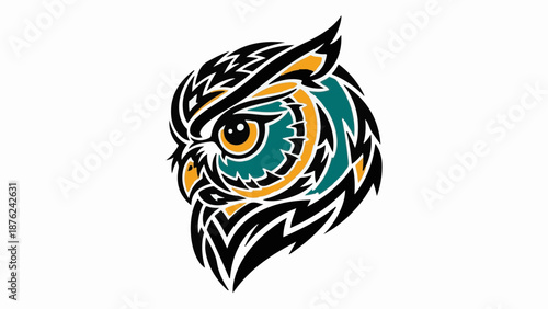 Stylized owl head illustration with black, teal, and gold tribal-like markings