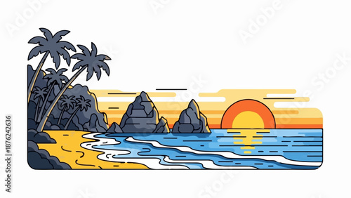 Stylized tropical beach scene with palm trees, rocky outcrops, and a sunset over the ocean