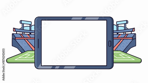 Tablet screen with stadium backdrop, sports field elements