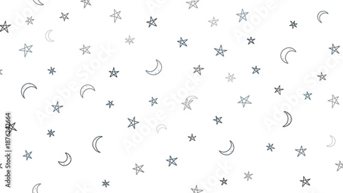 Whimsical starry night sky with crescent moons on white