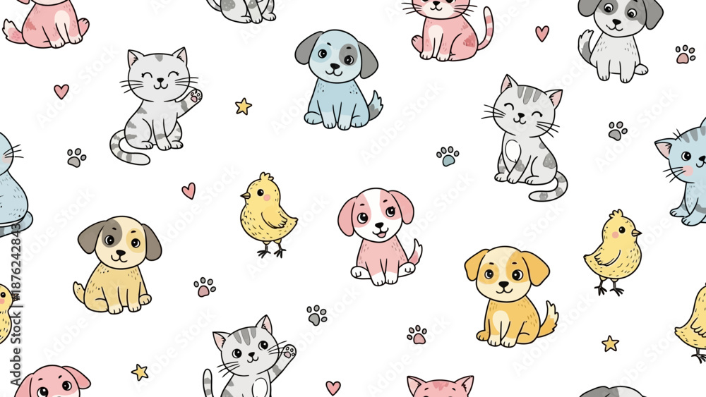 Obraz premium Adorable cartoon animals pattern with cute dogs, cats, and birds