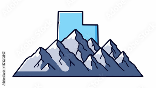 Stylized mountains with snow caps beneath a simple blue geometric shape