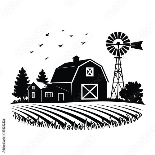 a black and white farm scene with a barn windmill and trees